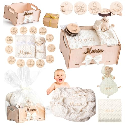 Olesea Manta Bebé Personalizada con Nombre - Regalo Recién Nacido Niña o Niño - Cesta Regalo Bebé con Dou Dou y Placas - Mantita Suave - Hecho en España (Cesta Bebe Basic)