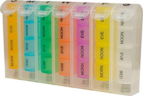 7 Day Pop Up Pill Dispenser Tablet Box Organiser, Flip Up Lids. 4 Compartments per Day, Morn, Noon, Eve and Bed. for Those who take Many Tablets a Day. Medication Management. Weakened Grip Friendly