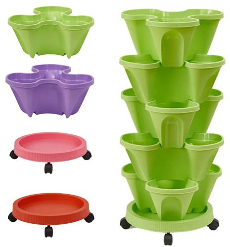 YIWOYI Stapelbarer Blumentürm, Blumentopf, mehrschichtig, stapelbar, Pflanztopf für Balkon, drei Blütenblätter aus Kunststoff mit Universal-Radwanne, zum Anbau von Blumen, Obst, Gemüse (grün mit