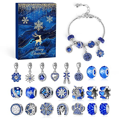 MJARTORIA Königsblauer Schmuck Adventskalender für Mädchen-Himmelblau 2025 Schmuck Weihnachts-Countdown-Inklusive Königsblauer Schneeflocke Metallanhänger Perlen DIY Herstellungsset Schmuckgeschenke