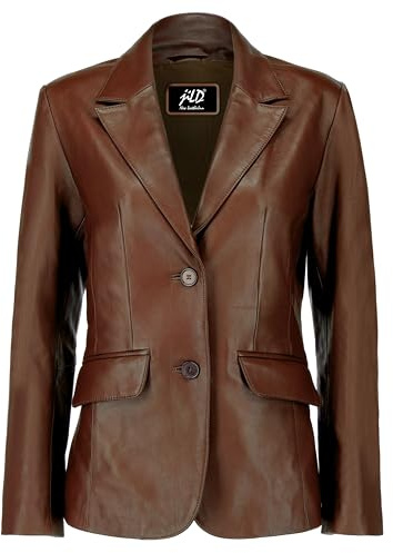 Jild Classic 2-Button Lambskin Leather Blazer Women - Casual Coat Long Sleeves Suit Style Leather Jacket Women (LC-Brn-XL)