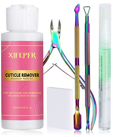XIFEPFR Kit de Cuticle Remover - 180ml Crème Remover de Cuticules, Coupe Cuticule, Pince Cuticule, Repousse-Cuticules, Stylo à Huile pour Cuticules et Tampons de Coton, Pour Soins Manucure Pro et DIY