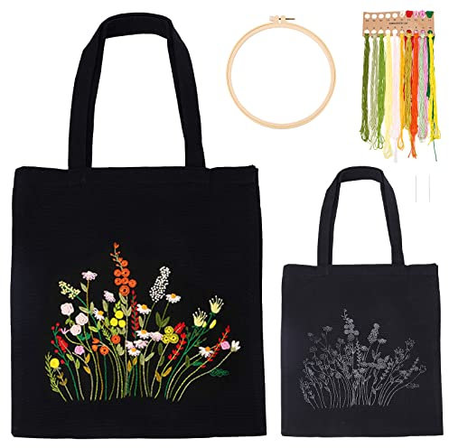 WADORN Stickerei Kit für Leinentaschen, Schwarze Leinentaschen Blumen Kreuzstich Set mit Muster und Anleitung Tasche lustiges Hand Nadelspitzen Set Inklusive Hoops Farbfäden und Nadeln