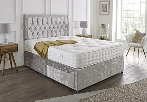 SANA SLEEP Designer Damask Memory Foam Divan Bed Set With Mattress, 2 Drawers (Same Side) and Headboard 4FT6 Double - Silver Crushed Velvet