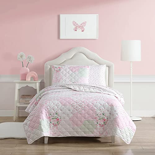 Laura Ashley Kids - Full Quilt Set, Reversible Brushed Microfiber Bedding with Matching Pillowcases, Medium Weight Kids Quilt, Patchwork Floral Design (Ellyn)