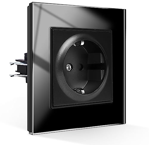 CNBINGO Schuko Steckdose Unterputz mit Krallen, 1-Fach Schwarz Glasscheibe | Einzelsteckdose mit Kindersicherung, Einzel Schutzkontakt Wandsteckdose, 16Amp 250V, Horizontal oder Vertikal