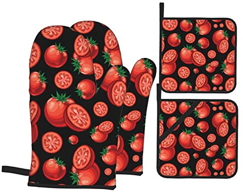Ofenhandschuhe Topflappen 4Er Set Rote Tomaten Kochhandschuhe Doppelschicht Ofenhandschuhe Kitchen Küchendekoration Backhandschuhe, Für Grillen, BBQ