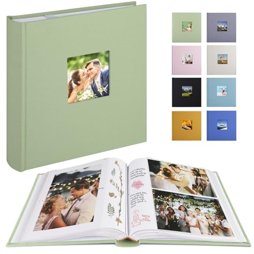 1DOT2 Photo Album with Writing Space 50 Pages 4x6 Photos Hold 200 or 5x7 Pictures Hold 100, Linen Cover Small Photo Book Albums with Memo for Anniversary Wedding Baby (Sage Green)