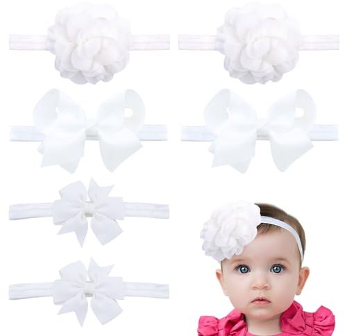 EUPSIIU 6 Pièces Blanc Bébé Bandeaux en Nylon Bébé Fille Bandeau bébé fille accessoires de cheveux Clips mignon Doux Bandeaux Cheveux Arc Élastiques Turban Bande (Blanc)