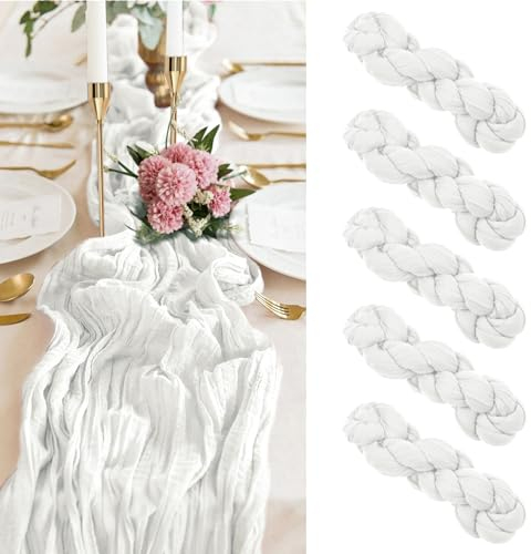 5 Packungen weißer Käsetuch-Tischläufer, 90 x 300 cm, Gaze-Bobo-Tischläufer, Käsetuch-Stoff, halbdurchsichtiger Tischläufer für Hochzeitsempfang, rustikale Boho-Hochzeitsparty-Tischdekoration