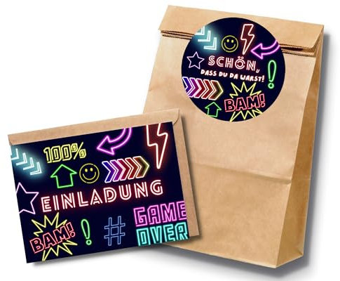 10 Neon Lasertag Einladungskarten und Gastgeschenktüten für Lasertag Geburtstag, Geburtstagsset mit Gaming Einladung und Mitgebseltüten für Jungen Geburtstag, Inkl. Umschläge und Stickern