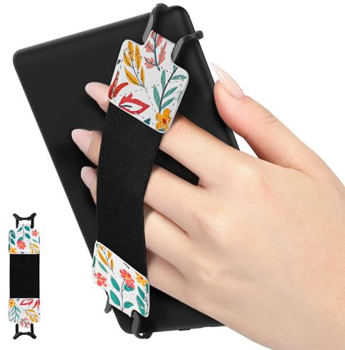 MoKo Handschlaufe für 6-8 Kindle eReaders Fire Tablet - Kindle/Kobo/Voyaga/Sony E-Book Tablet, Elastisches Halteband Leicht und Tragbar Tablet Fingerhalterung Griff Halter, Schwarz Gurt, Blume