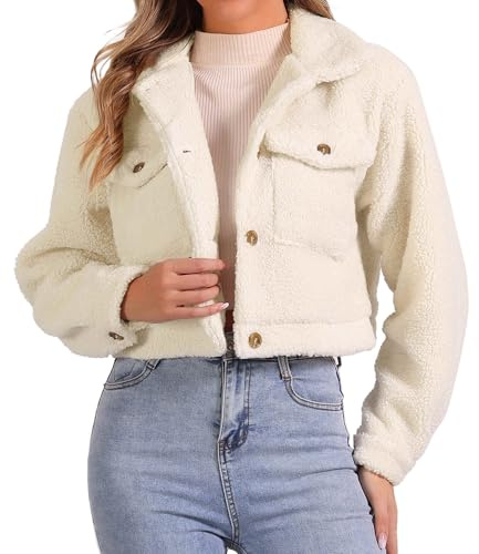 Allegra K Manteau Court Femme d'Hiver en Fausse Fourrure Veste Courte Moelleuse Boutonnée avec Col Revers Blouson épaissir Décontractée Jacket Beige XS