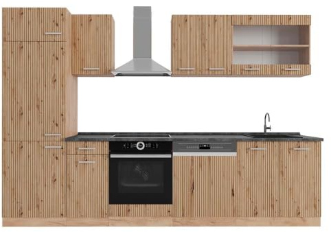 Vicco Küchenzeile R-Line, Artisan-Eiche/Goldkraft Eiche, 300 cm | 8 Module · Höhenverstellbare Füße · AP Anthrazit inkl. · Robuste Fronten · Mit Kühlschrankumbauschrank