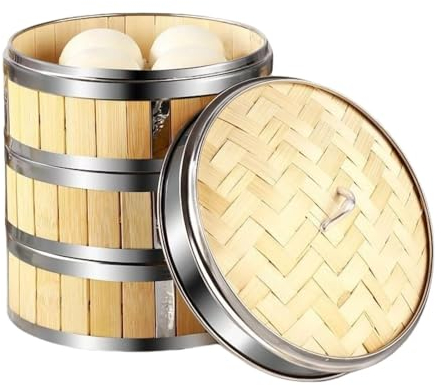 ohfruit Panier vapeur en bambou fait à la main avec couvercle 3 niveaux pour la cuisson des paniers vapeur, boulettes, légumes, poulet, poisson, riz, 30 cm