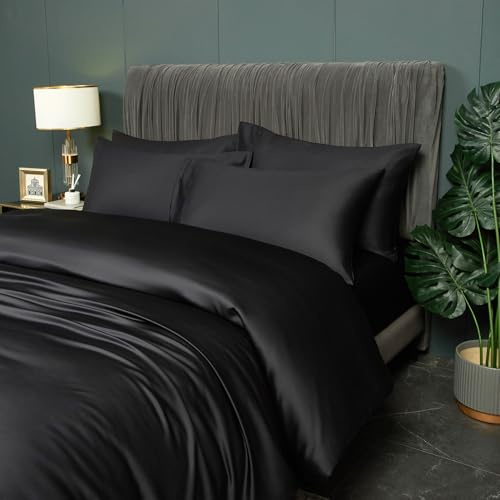DXHOME Ropa de cama refrescante de verano de 220 x 240 cm, de bambú, color negro, liso, 100 % fibra de bambú natural, transpirable, ropa de cama de lujo con cremallera y 2 fundas de almohada de 80 x