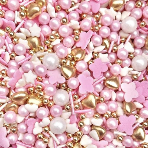 Gold pink white sprinkles metallic hearts babg pink butterfly edible pearls stars cupcake cake toppers biscuits pearls decoration 100s 1000s first birthday party baking BUTTERFLY KISSES