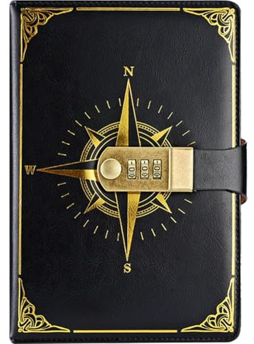 Glixoft A5 Compass Diary Notebook Leather Journal Sea Adventure Travel Diary Password Lock Diary for Men Women