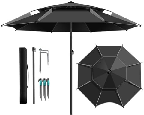 Ombrellone da Giardino ombrellone da pesca antivento all'aperto Ombrellone da Spiaggia Portatile con ancoraggio di sabbia Doppio Telo Ventilato(Black gray,ø180cm)