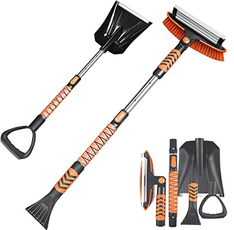 PoolyPoly 120CM Brosse à Neige pour Voiture - Grattoir à Glace de Pare Brise - Pelle à Neige avec Manche Extensible et Poignée en Mousse - Ensemble de Balai à Neige pour Voiture, SUV, Camion, Orange