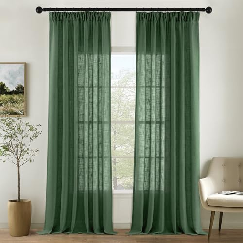MIULEE Gardinen mit Kräuselband Leinen Vorhang 2er Set Dunkelgrün 225x140 | Halbtransparent Leinenoptik Schiebevorhang, Modern Voile Vorhänge für Wohnzimmer Schlafzimmer