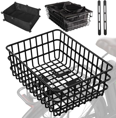 Bike Basket Rear,Rear Rack Bike Basket with All-in-One Waterproof Liner and Cargo Net,Heavy Removable Solid Metal Bicycle Basket for Most Bikes and E-Bike
