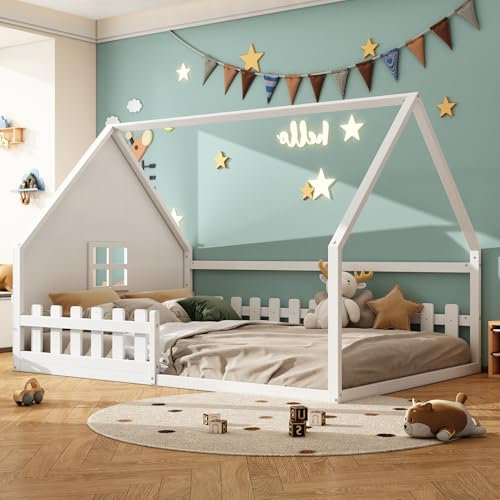 NNJN Cama plana, 140 x 200 cm, cuna, moldura, barandilla, madera de pino (blanco)
