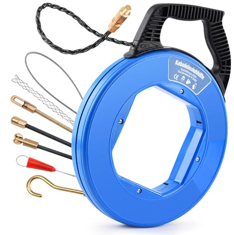 Kabeleinziehhilfe 50m, 4,5mm, Einzugsfeder für Kabel&Elektroinstallationen | Einziehspirale inkl. 7 Adapter, Einziehhilfe für Leerrohre, Einziehfeder für Leerrohr, Zugdraht, Kabelzieher