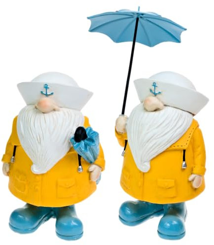 2 x Beach Gnome Sailors - Bathroom/Beach Hut Ornaments - Humorous Nautical Figurines - Blue, White, Yellow - 16/13 cm