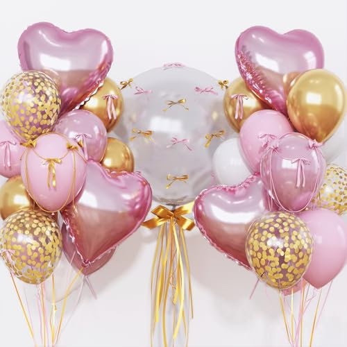 Light Pink and Gold Balloons Heart Shape Balloons, Pastel Baby Pink and White Party Decorations with Metallic Gold Confetti Balloon, 18 in Clear Heart Mylar Balloon for Princess Girls Birthday Decor