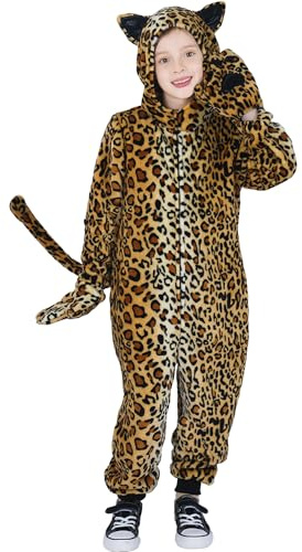 Wizland Kids Flannel Animal Onesie Costumes, Boys and Girls, 3-14 yrs | Flannel Material，Ultra Soft，One-Piece Hooded,Tiger Cheetah Black Cat Daily Fancy Dress,Perfect for Halloween Carnival