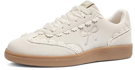 LUCKY STEP Women’s Lace Detail Casual Sneakers Organza Ribbon Lace-Up Fashion Vintage Gum Sole Trendy Cute Shoes