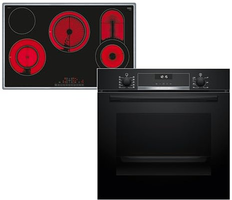 Bosch HBD632LS81 Backofen Set, Einbau-Backofen 60 cm, HBG537BB3, Serie 6, EcoClean, 3D Heißluft, Soft Close, Schwarz & Elektro-Kochfeld 80 cm, PKC845FP1D, Serie 6, Einfache Bedienung, Edelstahlrahmen
