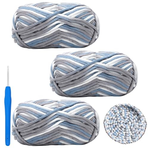 Ranjima 3 stycken virkgarn bomull, virkull, chenille, ull för virkning, 3 x 50 g virkull med virknål 4 mm, bomullsnylon, blandgarn, virkgarn för korgar, väskor, heminredning, gör-det-själv-hantverk