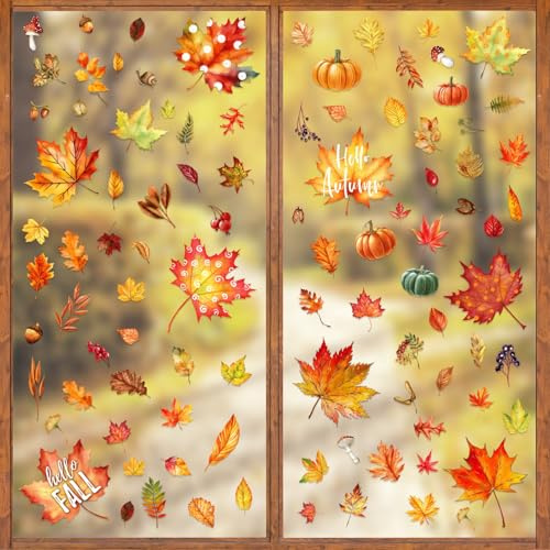 MARFOREVER Fensterbilder Herbst Aufkleber Selbstklebend, 9 Blätter Fenstersticker Doppelseitig Fensteraufkleber Kürbis Ahornblätter Erntedankfest Wiederverwendbare Fensterdeko für Fenster Glas Tür