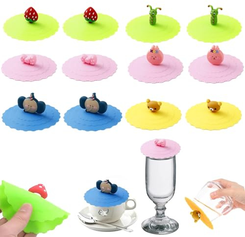Silicone Cup Covers, 12 PCS Cartoon Silicone Glass Cup Cover, Food-grade Silicones Drink Glass Cup Lids, Reusable Anti-dust Cup Covers for Coffee, Mug, Anti-dust, Suction Seal