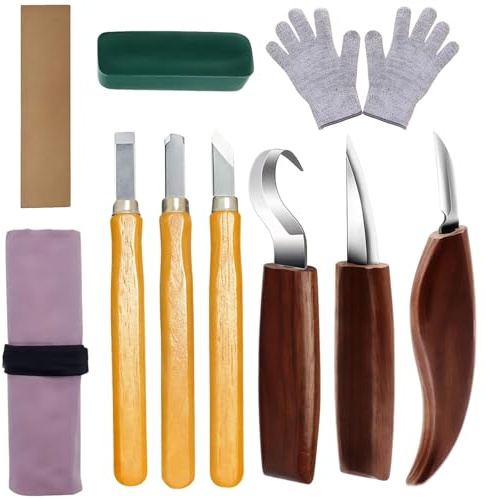 Coltello da intaglio in legno 10 in 1, kit con cucchiaio in noce, per principianti, con guanti, cera per affilare la pelle e ideale per progetti di lavorazione del legno