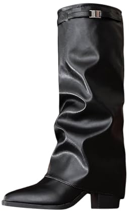 Damen-Stiefel, wadenhoch, modisch, spitzer Zehenbereich, kniehohe Stiefel, Schnallenriemen, bequem, rutschfest, Leder, Booties für lässige Outfits, Herbst, Winter, Modetrends, Schwarz , 39.5 EU