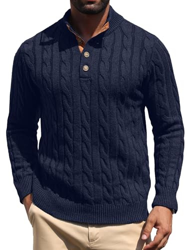 QIXING Mens Cable Knit Henley Jumper Stand Collar Button Pullover with Suede Patches Classic Casual Warm Jumper