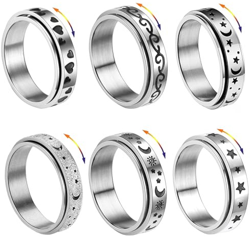 APMGONT 6 Stück Spinner Ring Damen Edelstahl Silber Ring Herren Damen Edelstahl Vintage Ringe Mond Stern Rollring Drehbarer Rings Partnerringe Trauringe für Frauen Männer