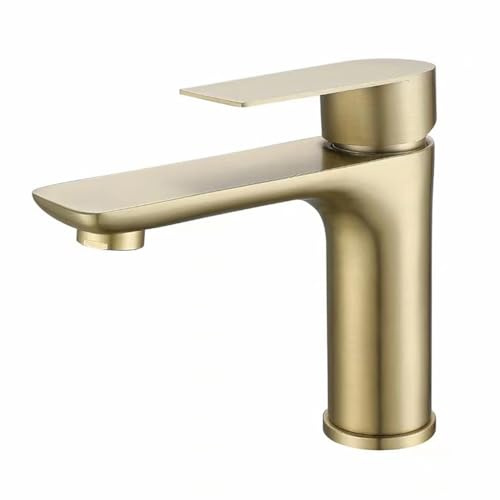 Basin Tap Mixers Bathroom Sink Tap, Single Lever Hot and Cold Stainless Steel Basin Mixer Tap with Ceramic Valve Core, Includes Hoses & Fitting Kit (Brushed Gold)