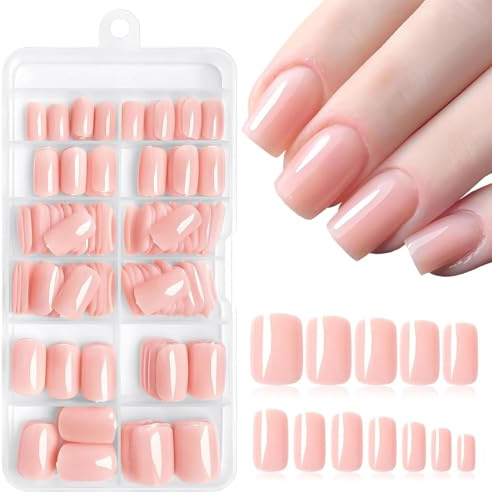 TESGADGETS 240 pezzi di unghie artificiali corte color carne e rosa con adesivi, unghie acriliche quadrate