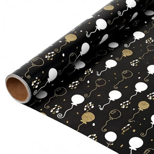 Komforbaa Svart presentpappersrulle 43 cm × 10 m, gyllene ballongdekor, presentpapper för födelsedag, fester och barn