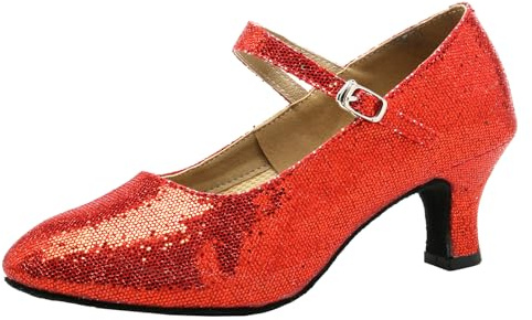 Sekiueo Damskor med glitter latinska ballroom-karaktärsskor med stängd tå fotledsrem hög klack för övningsframträdanden,Red,39 EU