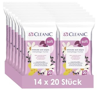 Salviettine per l'igiene intima Cleanic Soft, 14 x 20 pz. - estratto di camomilla - acido lattico - detersione delicata - igiene quotidiana - sollievo dalle irritazioni - gettabili nel WC