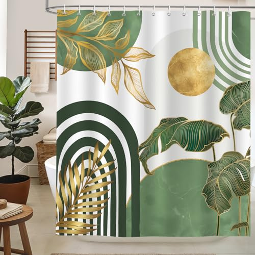hometrixx Boho Duschvorhang Salbeigrün Gold Blätter Geometrisch 180x200cm | Wasserdicht Polyester, Maschinenwaschbar, Badevorhänge mit 12 Ringe, Schimmelresistent Badezimmervorhang für Dusche Bad