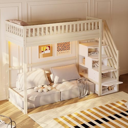 Xwiny Hochbett 90x200 cm mit LED-Lichtleiste, Kinderbett mit Sicherheitsgeländer, Austauschbaren Sicherheitsleitern auf Beiden Seiten, Bettrahmen aus Massivem Kiefernholz, Holzfarbe(Ohne Matratze)