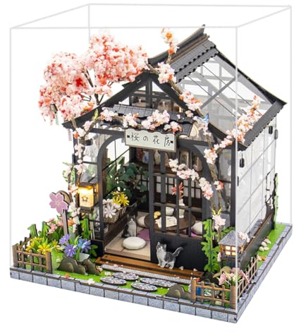 TOPBSFARNY Casa de muñecas de madera en miniatura japonesa Sakura invernadero DIY Kit de casa de muñecas Villa Edificio Modelo 3D Regalos creativos para amigos y padres (con cubierta antipolvo)