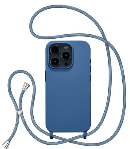 ZTOFERA Crossbody Lanyard Case for iPhone 15 Pro Max (6.7), Blue | Liquid Silicone Phone Case with Strap, Adjustable Neck Cord Necklace, Soft Protective Cover, Portability, Anti-Drop