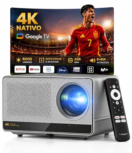 Proyector 4K Nativo 3840x2160p | Google TV Certificado | 8000 Lúmenes | Lente 1.27:1 | WiFi 6 + Bluetooth 5.0 | Auto Focus & Keystone | 8+8W Altavoces | Motor Óptico Sellado | Optimizado para Juegos